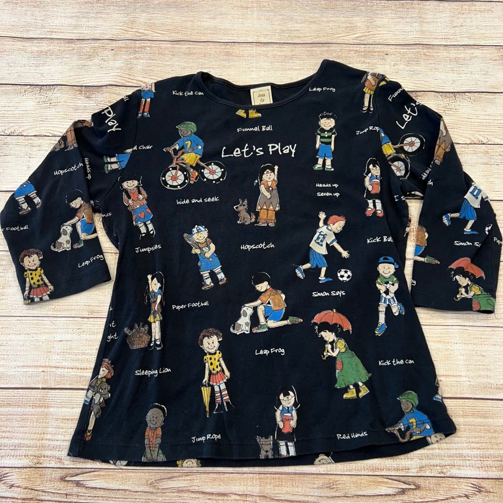 Jess & Jane Black Let's Play Graphic Long Sleeve Top‎ T-Shirt